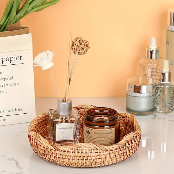 1-Piece 7.3 in. Natural Rattan Fruit Bowl, Hand Woven Basket Tray for Bread, Fruit, Key, Decorative Baskets Bowl