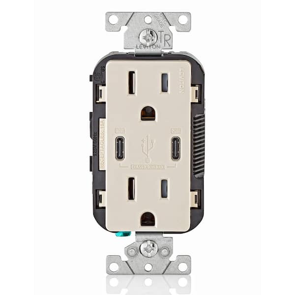 Leviton 30-Watt 6 Amp USB Dual Type-C with Power Delivery In-Wall Charger/15 Amp 125-Volt Tamper-Resistant Outlet, Almond