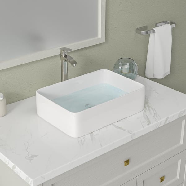 Sarlai Gloss White Ceramic Rectangular Bathroom Vessel Sink Art Basin with Faucet in Brushed Nickel