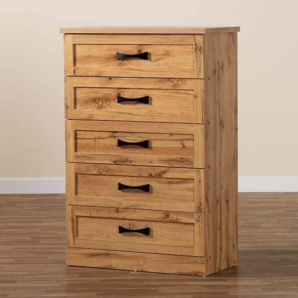 Baxton Studio Colburn 5 Drawer Oak Brown Chest of Drawers 46.4 in