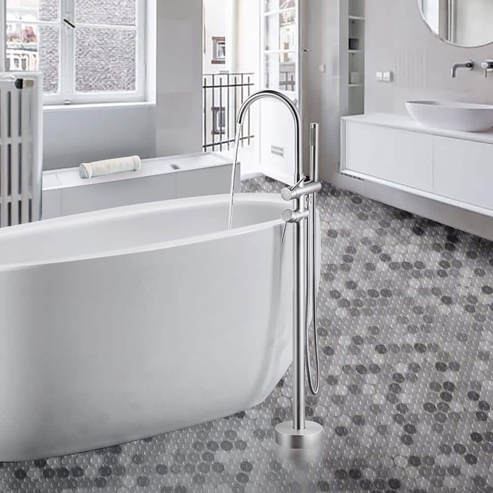 Brushed Nickel Freestanding Tub Filler with Hand Shower