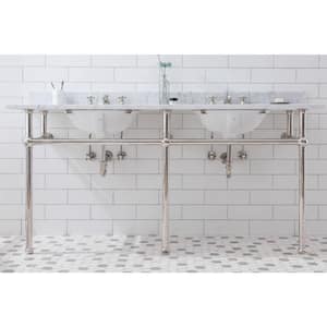 Embassy 72 in. Double Sink Carrara White Marble Countertop Washstand in Polished Nickel PVD with P-Trap