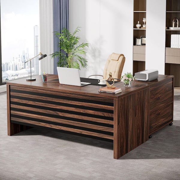 Halseey 62.2 in. x 31 in. Executive L-Shaped Brown Black Wood Drawer Computer Desk Set Mobile File Cabinet Workstation