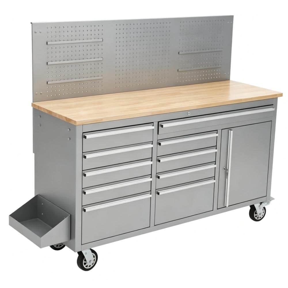 "61"" Heavy Duty Rolling Tool Chest Workbench 10 Drawers, Sturdy Rubber Wood Top, Power Strip, Lock, Drawer Liners" price history on PriceWatchPro