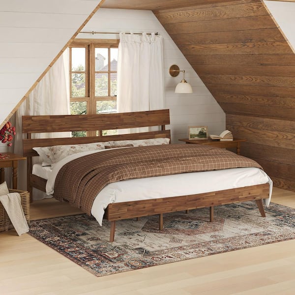 Mela Brown Cherry Acacia Solid Wood Frame Curved Headboard King Platform Bed Frame with Wooden Slats