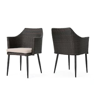 Iona Multi-Brown Arm Faux Rattan Outdoor Dining Chair with Beige Cushion (2-Pack)