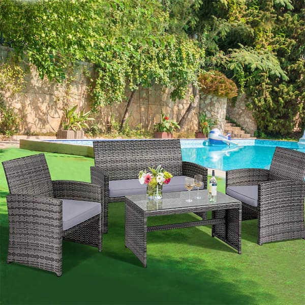 Costway 4-Piece Plastic Patio Conversation Set with Mix grey Cushions