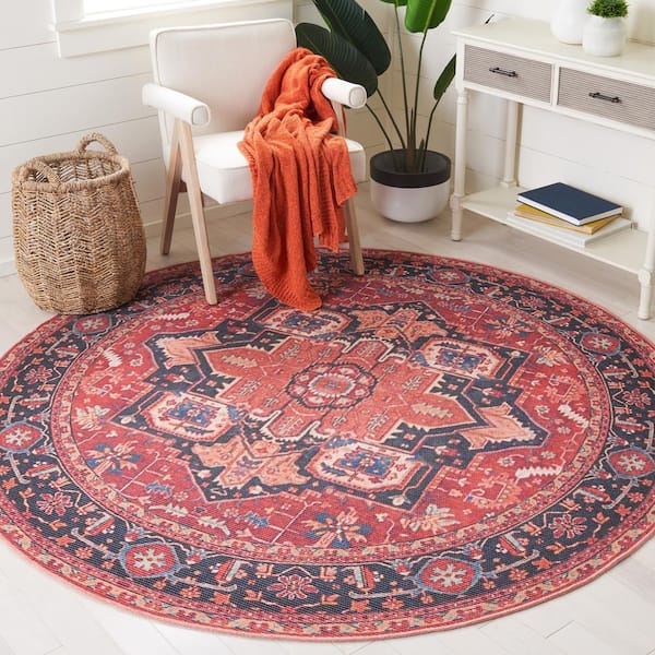 Serapi Red/Blue 7 ft. x 7 ft. Machine Washable Bohemian Floral Round Area Rug