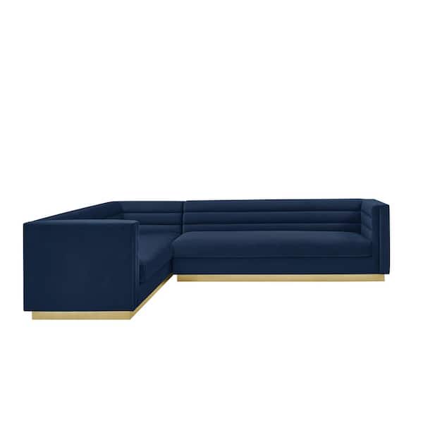 Inspired Home Annemarie 85in Width Square Arm Style Upholstered Velvet Tufted L Shaped Sofa in Blue