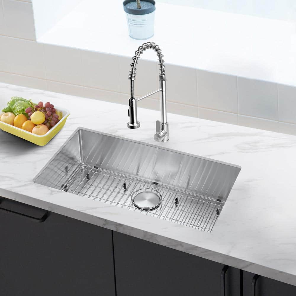 32'' Stainless Steel Single Bowl Undermount Kitchen Sink with Grid