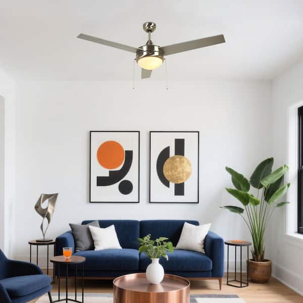 51.1 in. Brushed Nickel Downrod Mount Standard Ceiling Fan with Light Kit Included 3-Speed Flush Mount Reversible Motor