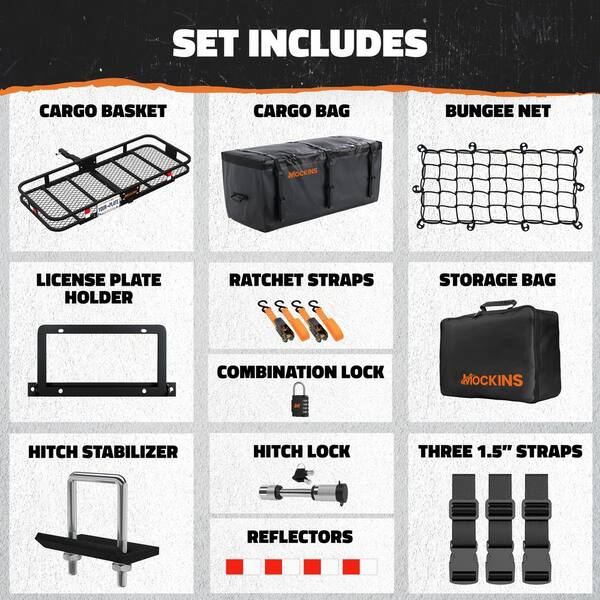 Mockins - 500 lb. Capacity Hitch Mount Cargo Carrier Basket with 16 cu. ft. Cargo Bag, Straps, Net, Folding Shank and 2 in. Raise