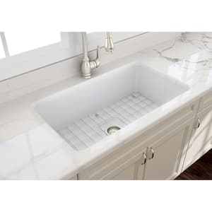 Sotto Undermount Fireclay 32 in. Single Bowl Kitchen Sink with Bottom Grid and Strainer in Matte White