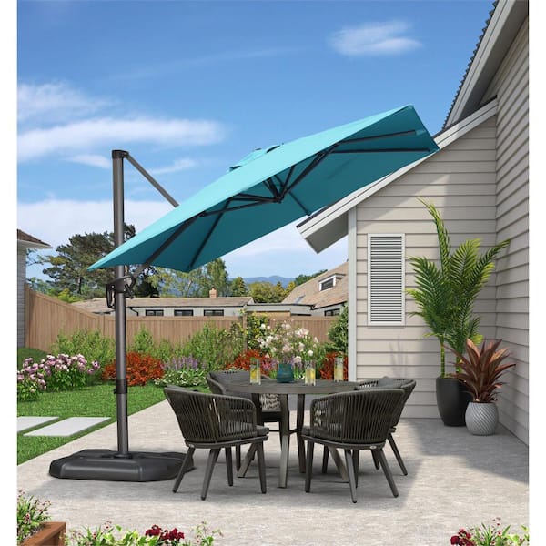 PURPLE LEAF 8 ft. Square Aluminum Outdoor Patio Cantilever Umbrella Offset 360° Rotation Umbrella with Base, Turquoise Blue
