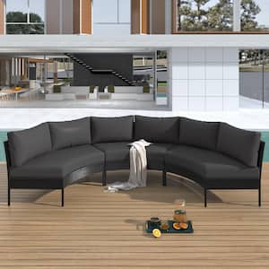 3 Piece Black Wicker Patio Curved Outdoor Conversation Set, All Weather Sectional Sofa with Grey Cushions