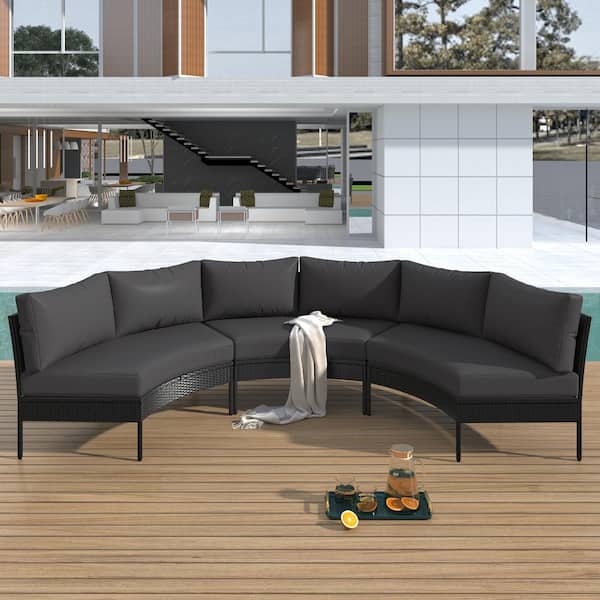 Zeus & Ruta 3 Piece Black Wicker Patio Curved Outdoor Conversation Set, All Weather Sectional Sofa with Grey Cushions