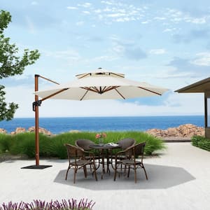 11 ft. Octagon High-Quality Wood Pattern Aluminum Cantilever Polyester Patio Umbrella with Base Plate, Cream