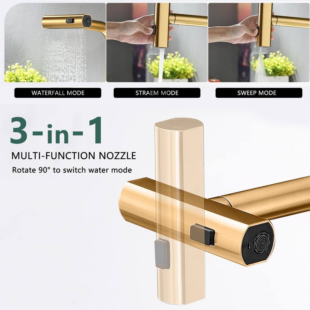 Brushed Gold Stainless Steel Single Handle Pull Out Kitchen Faucet