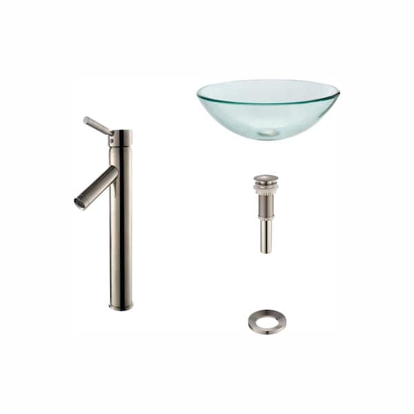 KRAUS Glass Vessel Sink in Clear with Sheven Faucet in Satin Nickel