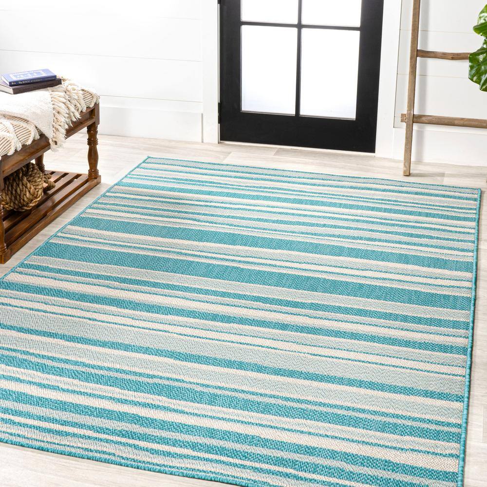 Aqua and Cream Stripe Synthetic 4' x 6' Indoor/Outdoor Rug