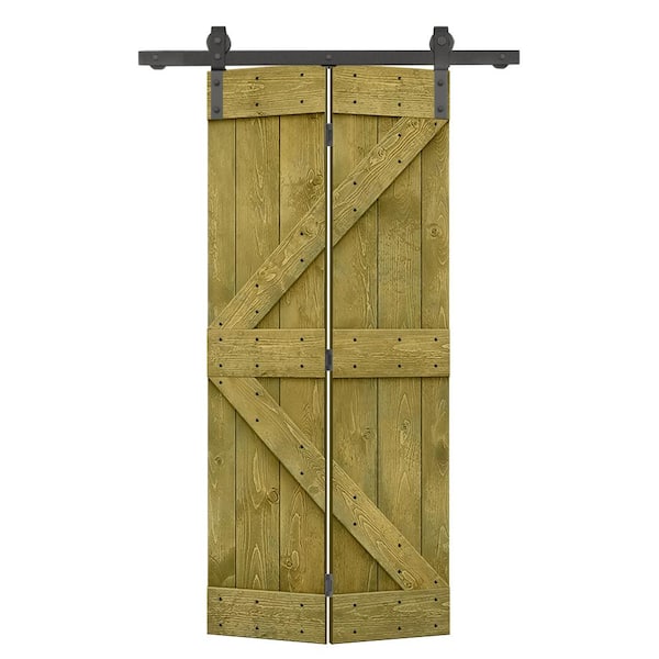 CALHOME 26 in. x 84 in. K Series Solid Core Jungle Green Stained DIY Wood Bi-Fold Barn Door with Sliding Hardware Kit
