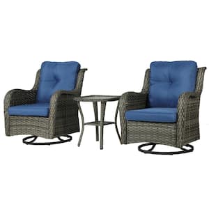 Patio Swivel Wicker Outdoor Rocking Chairs 2-Pieces and Side Table Sets with Blue Cushion (Set of 2)