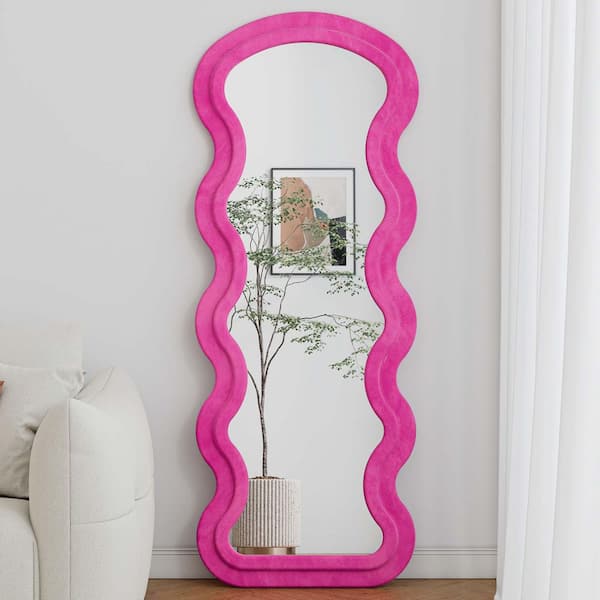 Pink 24 in. W x 63 in. H Irregular Full Length Mirror, Flannel Wave Floor Mirror For Room Hanging or Against The Wall