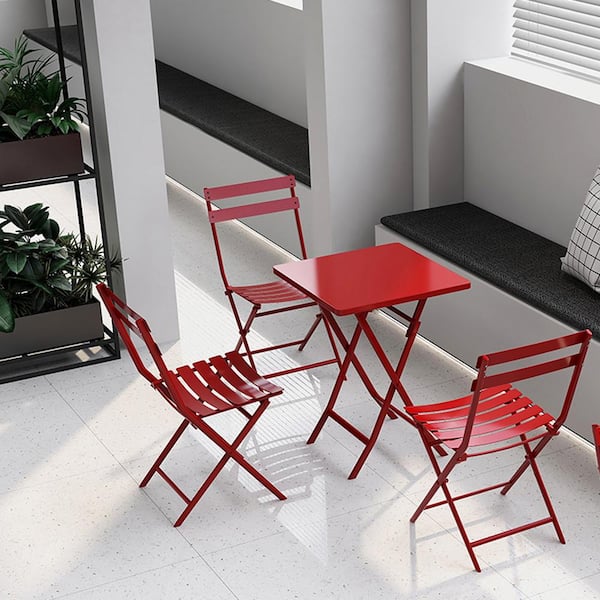 Zeus & Ruta Red 3-Piece Metal Outdoor Bistro Patio Bistro Set of Foldable Square Table and Chairs Coffee Table Set