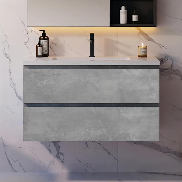 Abruzzo EDI 36 in. W x 18.7 in. D x 19.7 in. H Float Mounting Cabinet Cement Gray Bathroom Vanity with White Solid Surface Top