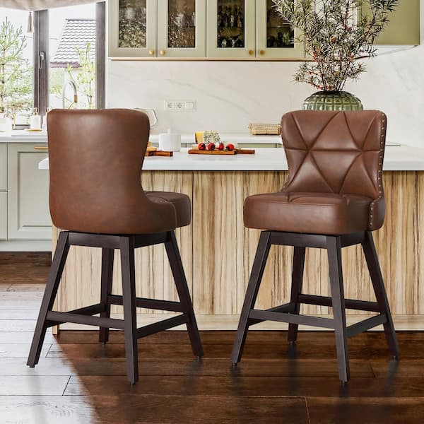 Hampton 26 in. Dark Brown Solid Wood Frame Counter Stool with Back Faux Leather Upholstered Swivel Bar Stool Set of 1