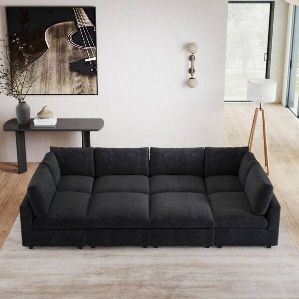 Modular Cloud Couch, 134 in. Square Arm 8-Piece Chenille U-Shaped Sectional Sofa with Ottoman, Washable Covers in Black