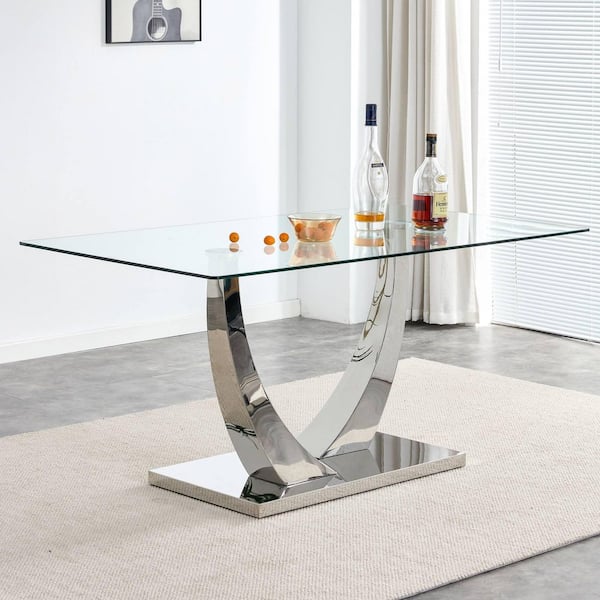 Modern Rectangle Silver Glass Pedestal Dining Table Seats for 6 (63.00 in. L x 30.00 in. H)