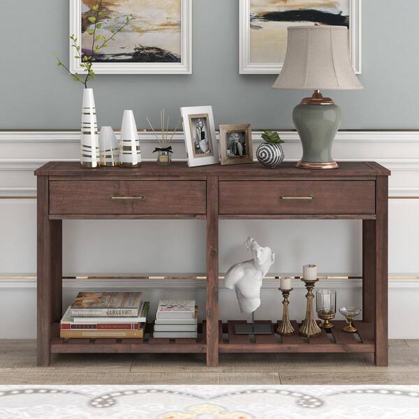 Espresso Rectangle Wood Console Table, Front Door Table With Drawers