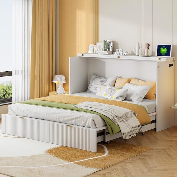 Harper & Bright Designs White Wood Frame Queen Size Murphy Bed with Drawer, USB Ports and Sockets, Pulley Structure Design