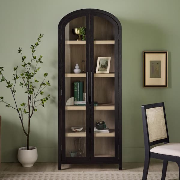 Welwick Designs Arched 76 in. Tall Black Wood 5-Shelf Bookcase with Full-Length Glass Doors