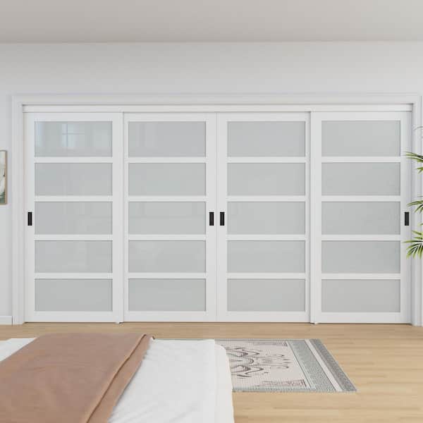 144 in. x 80 in. 5-Lite Frosted Glass Primed White MDF Interior Closet Sliding Door Black Handles and Hardware