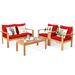 4-Piece Wood Outdoor Patio Conversation Seating Set with Red Cushions