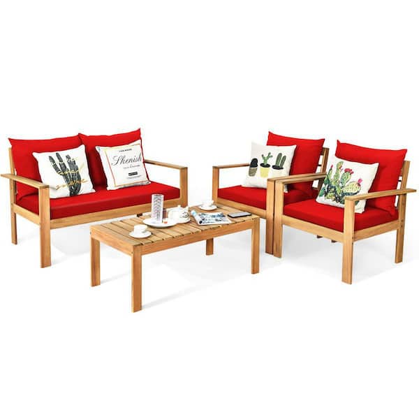 Alpulon 4-Piece Wood Outdoor Patio Conversation Seating Set with Red Cushions