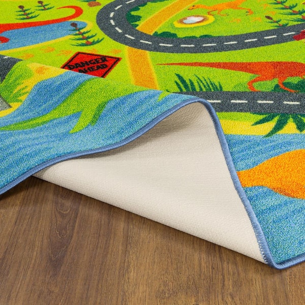 Multi-Color Kids Children Bedroom Dinosaur Dino Safari Road Map Educational Learning Game 5 ft. x 7 ft. Area Rug