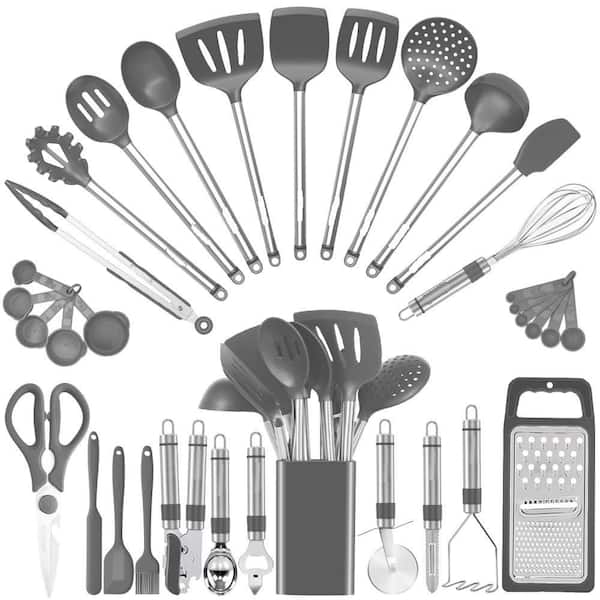 33-Piece Gray Silicone Cooking Utensils Set with Stainless Steel Handle for Nonstick Cookware, Food grade