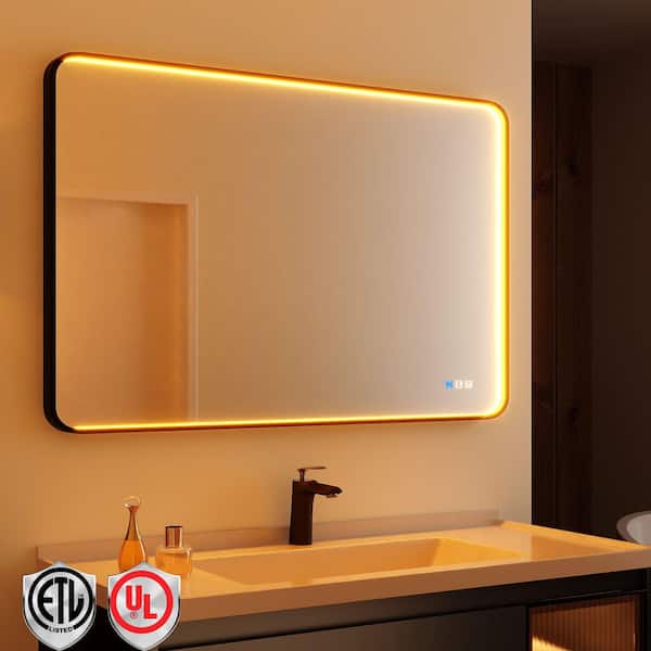 48 in. W x 32 in. H Rectangular LED Aluminum Framed Modern Black Rounded Wall Mirror with Front Light