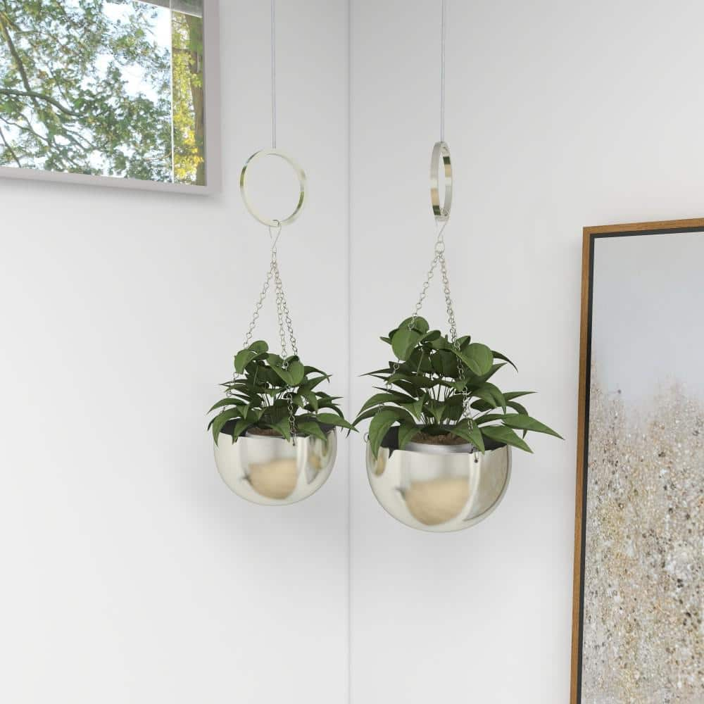 Litton Lane 6in. Small Silver Metal Indoor Outdoor Hanging Dome Wall Planter with Chain (2- Pack)