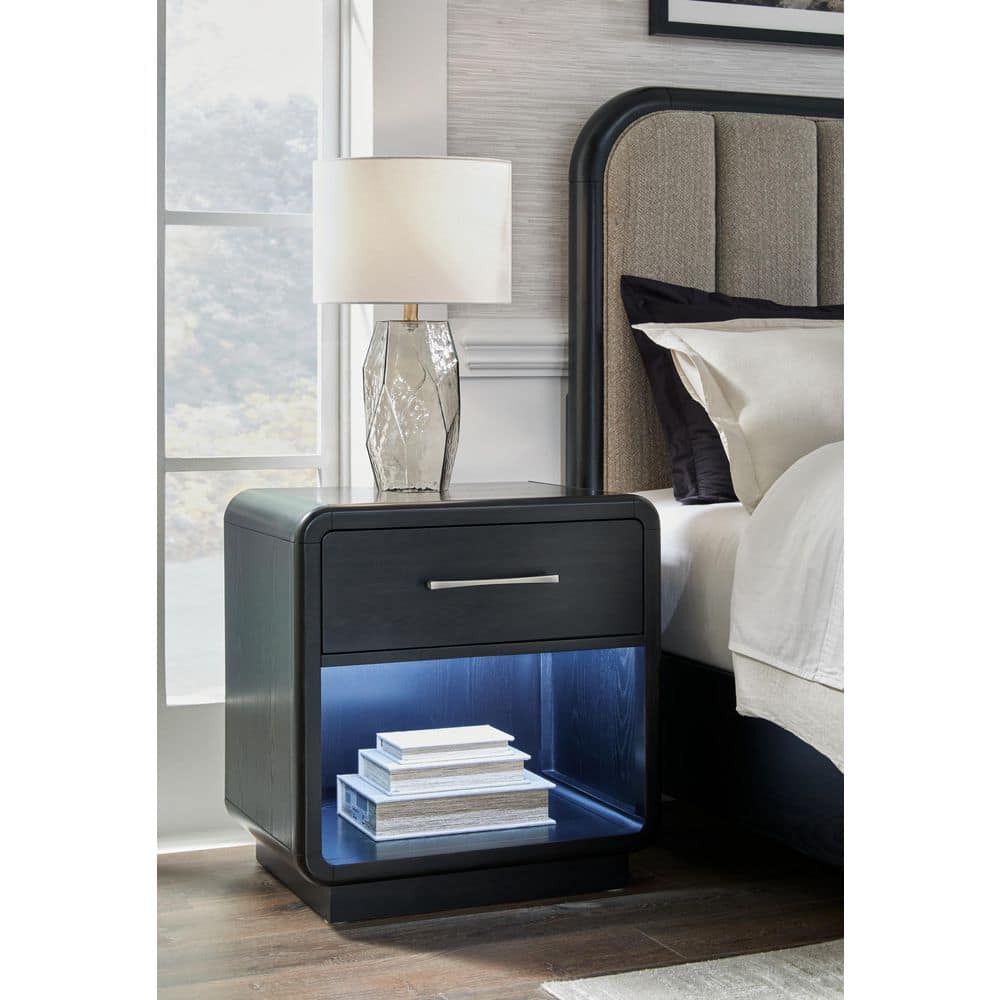 Black Modern Nightstand with LED Light and USB Ports
