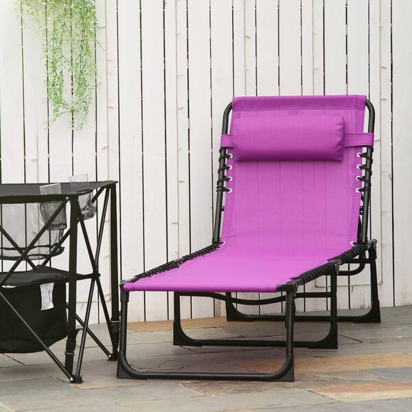 Unbranded Metal Outdoor Chaise Lounge Folding Pool Chair Patio Sun Tanning Chair 4-Position Reclining Back, Pillow in Purple