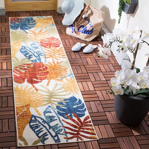 Cabana Cream/Red 2 ft. x 10 ft. Geometric Leaf Indoor/Outdoor Patio  Runner Rug