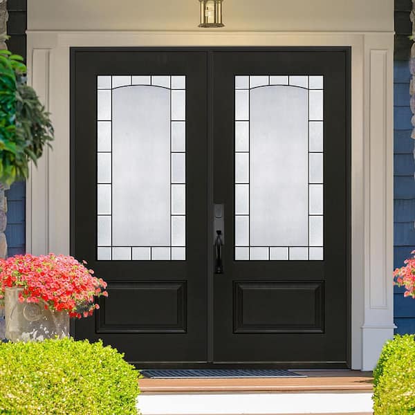 Regency 72 in. x 80 in. 3/4L Empire Decorative Glass RHIS Onyx Fiberglass Double Prehung Front Door with 4-9/16 Jamb
