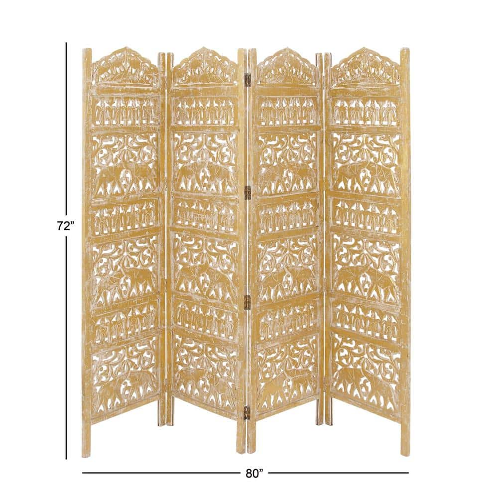 Gold Wooden Carved Elephant 4-Panel Folding Privacy Screen