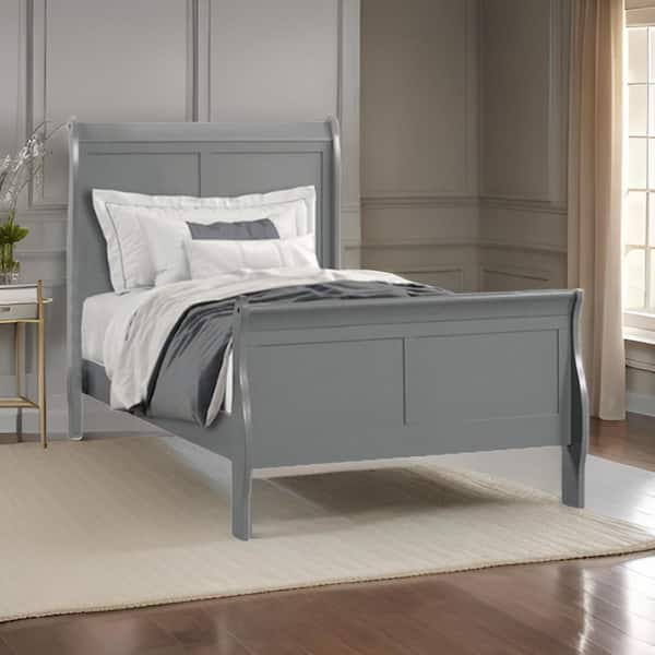 Ryla Classic Light Gray Full Wood Frame Sleigh Bed with Panel Headboard