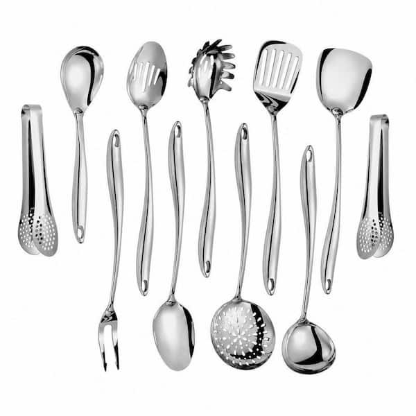 Stainlss Steel Kitchen Utensils Set with Spatula, Spoon, Ladle, Skimmer, Turner, Pasta Server, Tongs, Silver