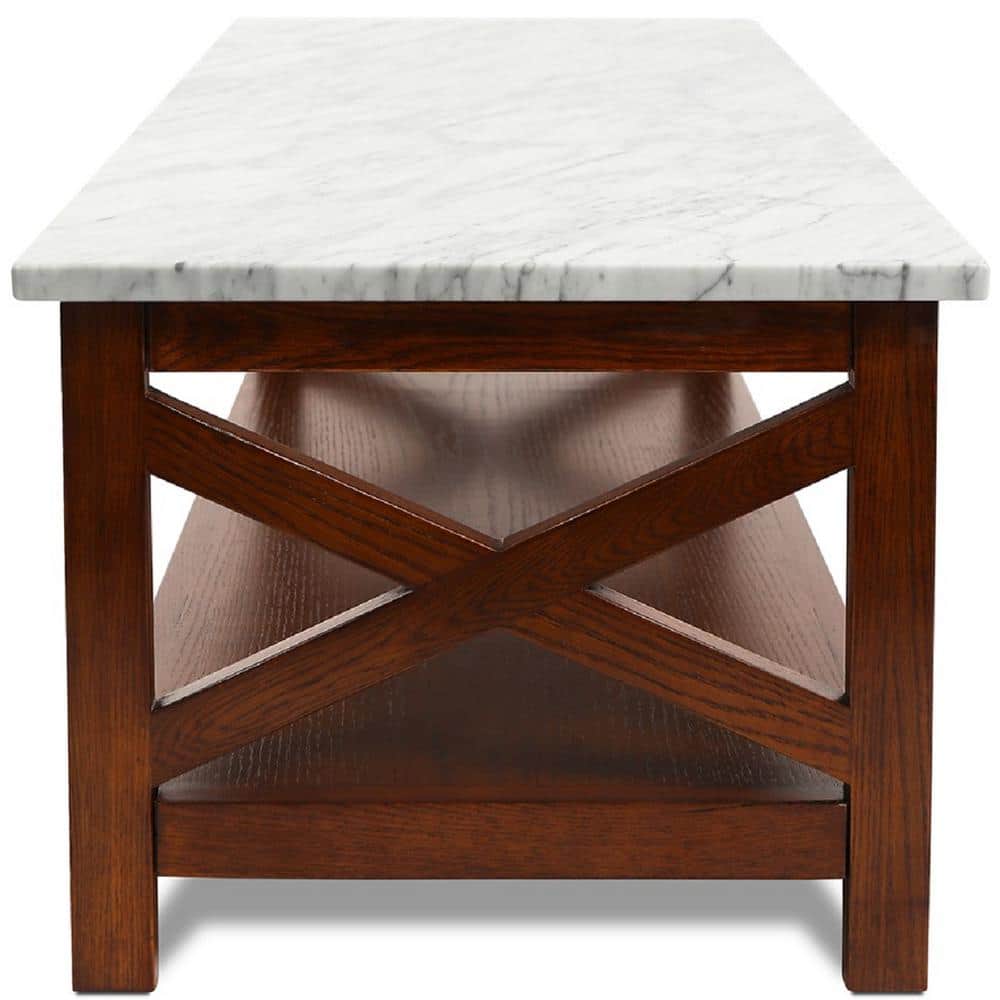 Agatha 44" Rectangular White Marble Coffee Table with Walnut Wood Legs